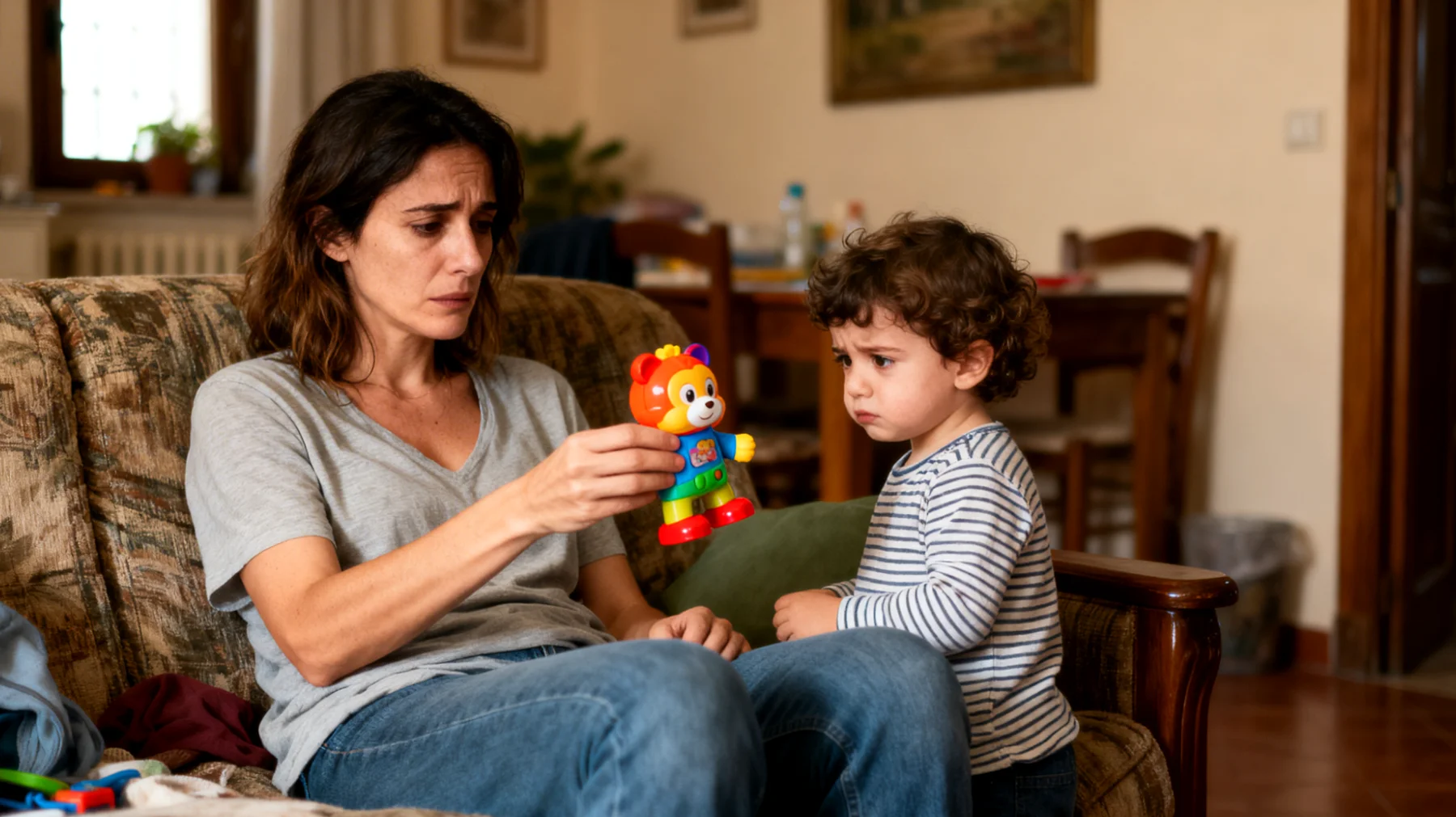 Una mamma si sente in colpa perché, a causa del lavoro e degli impegni quotidiani, trascorre poco tempo con il suo bambino. Quando finalmente stanno insieme, cerca di compensare cedendo a ogni sua richiesta o evitando di correggere comportamenti scorretti, alimentando così un circolo vizioso che la fa sentire ancora più inadeguata come genitore."